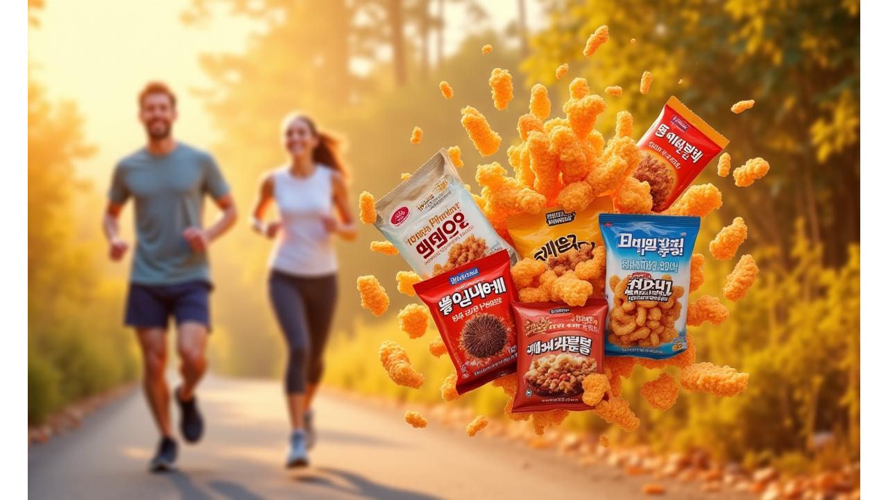 다양한 종류의 고단백 한식 스낵이 역동적으로 진열되어 있으며, 운동복을 입은 건강한 사람들이 배경에서 활동하는 모습